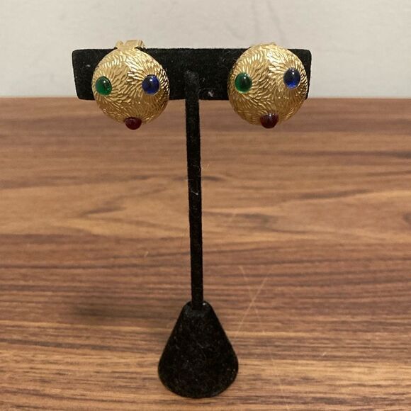 Vintage Brushed Gold Tone Dome Clip On Earrings with red/green/blue stones - Picture 1 of 4